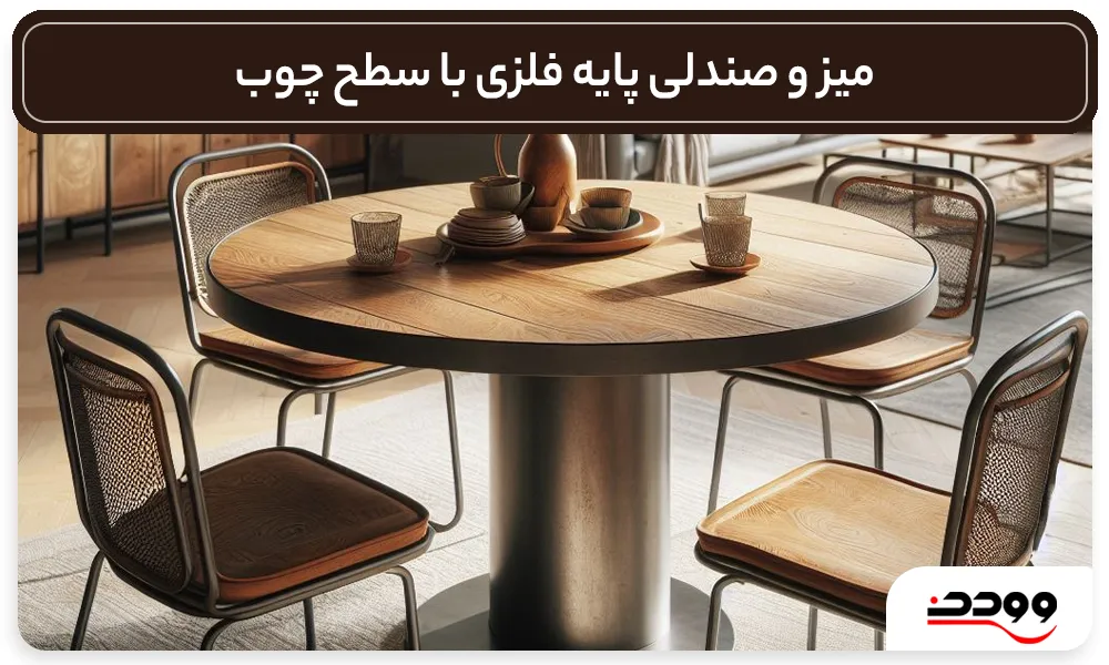 میز و صندلی با پایه های فلزی و سطح چوبی در وودن مبل